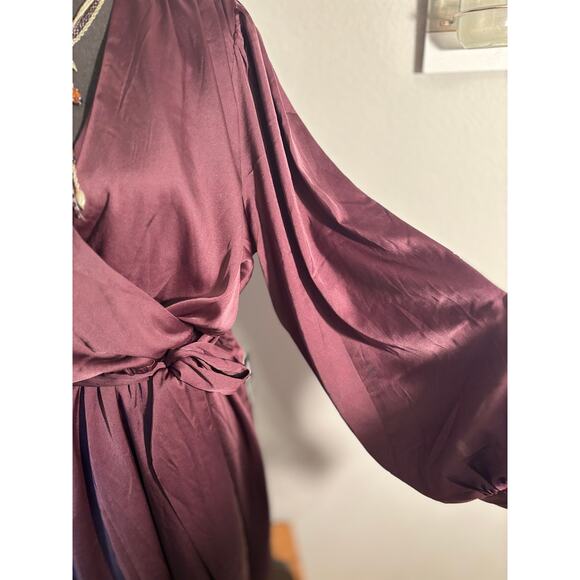 EXPRESS Satin Merlot Brown Long Puff Sleeve Faux Wrap Tie Mini Dress - Picture 12 of 13